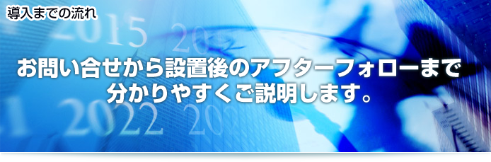 導入までの流れ　お問い合せから設置後のアフターフォローまで分かりやすくご説明します。